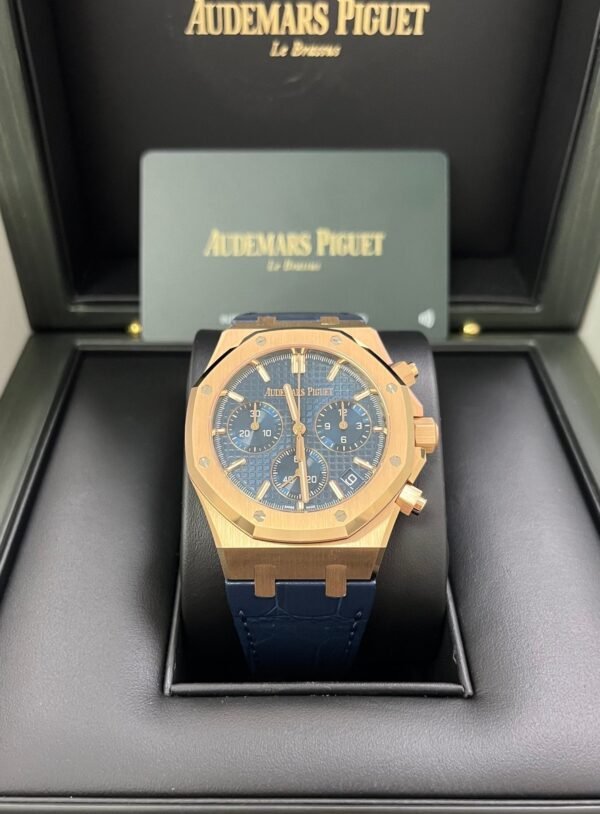 Audemars Piguet Royal Oak Chronograph 41mm 18k Rose Gold Blue Dial On Leather 26240OR.OO.D315CR.02