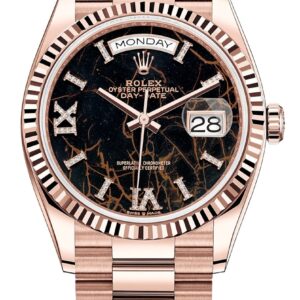 Rolex Everose Gold Day-Date 36 Watch – Fluted Bezel – Eisenkiesel Diamond Dial – President Bracelet (Ref # 128235)