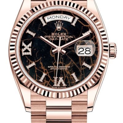 Rolex Everose Gold Day-Date 36 Watch - Fluted Bezel - Eisenkiesel Diamond Dial - President Bracelet (Ref # 128235)