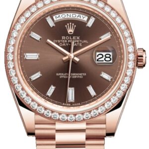 Rolex Everose Gold Day-Date 40 Watch – Everose Gold Bezel – Chocolate Baguette Diamond Dial – President Bracelet (REF#228345RBR)