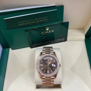 Rolex Everose Gold Day-Date 40 Watch – Everose Gold Bezel – Chocolate Baguette Diamond Dial – President Bracelet (REF#228345RBR)