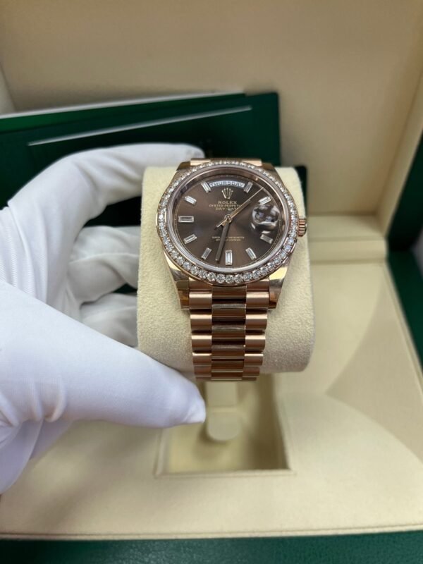 rolex-everose-gold-day-date-40-watch-everose-gold-bezel-chocolate-baguette-diamond-dial-president-bracelet-ref228345rbr-854588.jpg Rolex Everose Gold Day-Date 40 Watch - Everose Gold Bezel - Chocolate Baguette Diamond Dial - President Bracelet (REF#228345RBR)