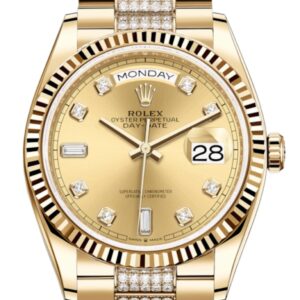 Rolex Yellow Gold Day-Date 36 Watch – Fluted Bezel – Champagne Diamond Dial – Diamond President Bracelet