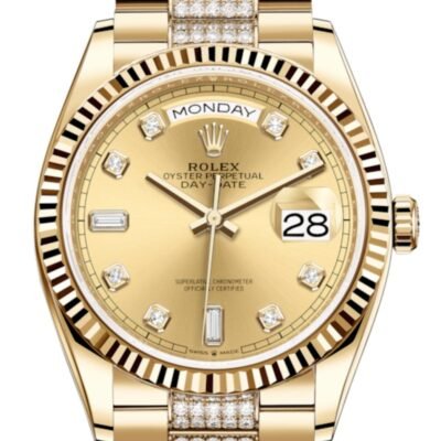 Rolex Yellow Gold Day-Date 36 Watch - Fluted Bezel - Champagne Diamond Dial - Diamond President Bracelet